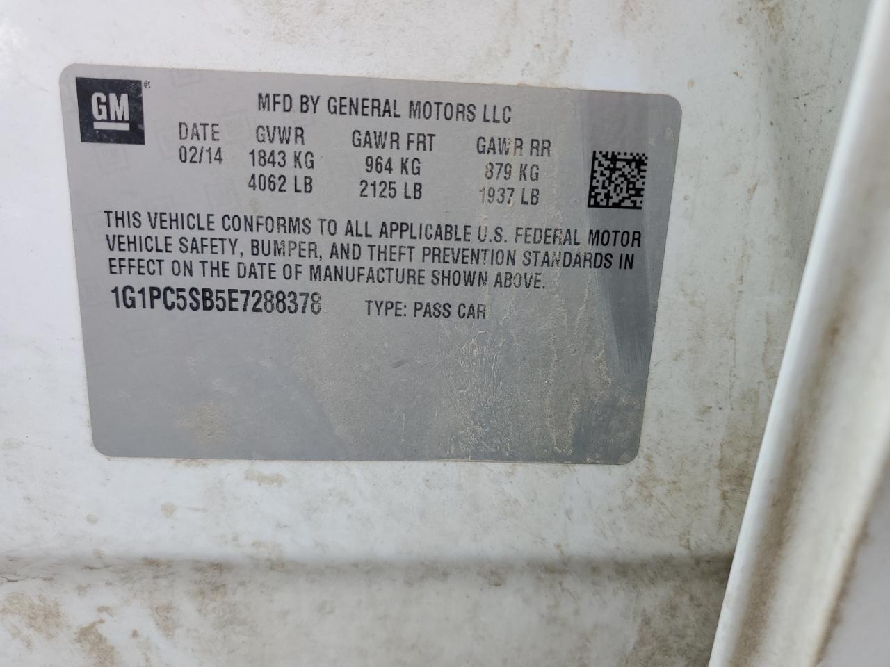 2014 Chevrolet Cruze Lt VIN: 1G1PC5SB5E7288378 Lot: 46535875