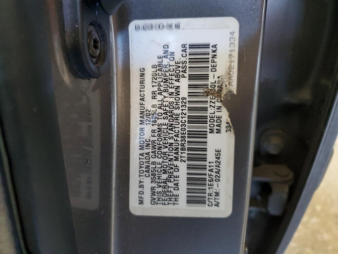 2003 Toyota Corolla Ce VIN: 2T1BR38E03C121329 Lot: 46270635