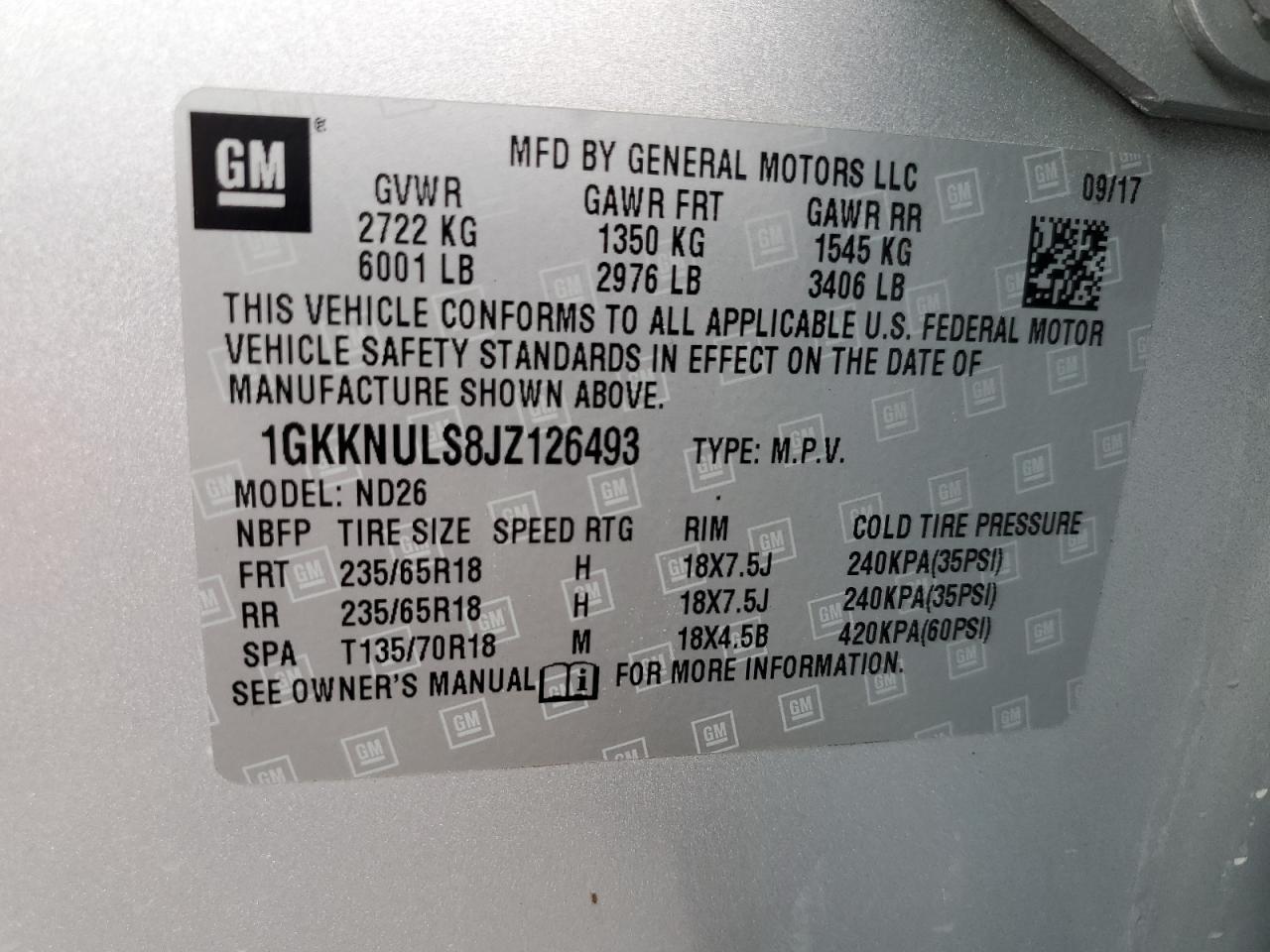 2018 GMC Acadia Slt-1 VIN: 1GKKNULS8JZ126493 Lot: 45549275