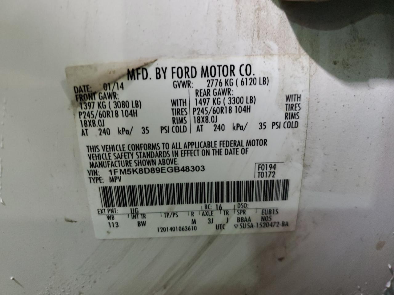 2014 Ford Explorer Xlt VIN: 1FM5K8D89EGB48303 Lot: 89132815