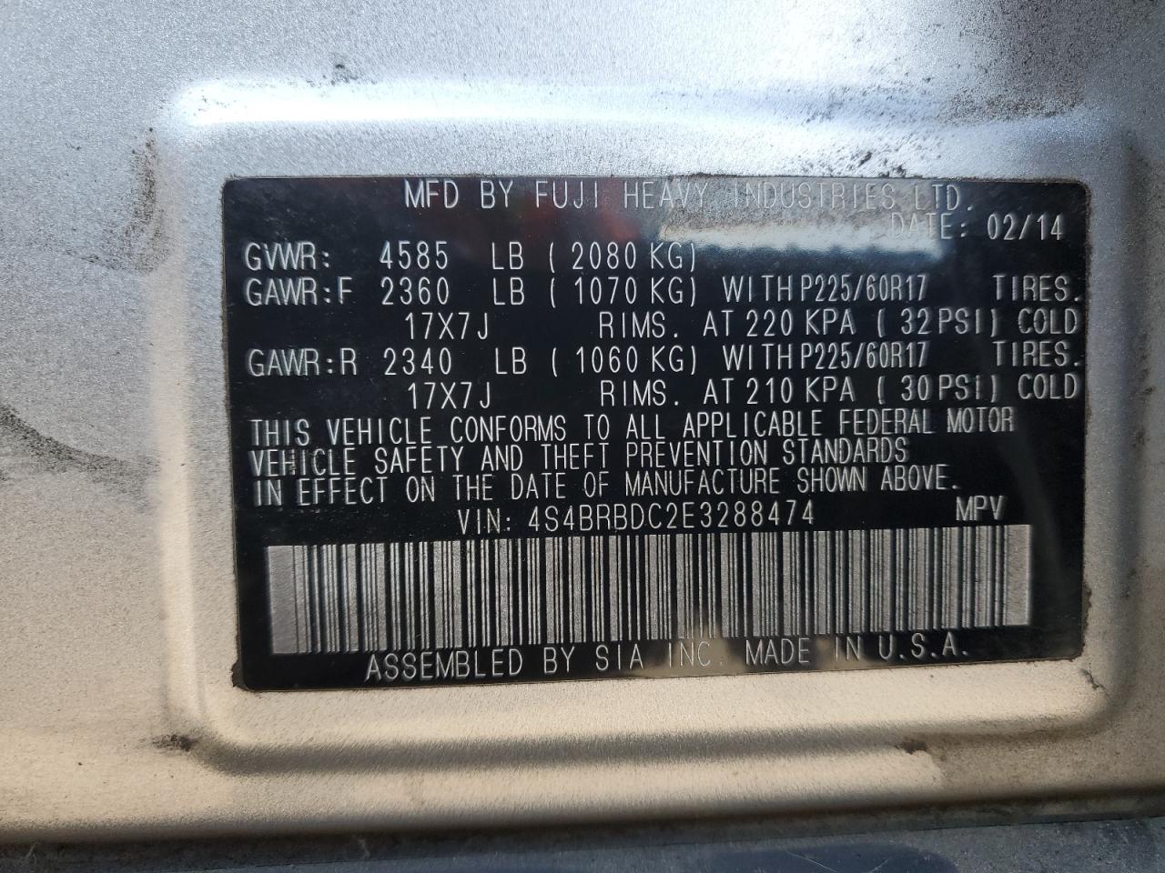 2014 Subaru Outback 2.5I Premium VIN: 4S4BRBDC2E3288474 Lot: 46498575