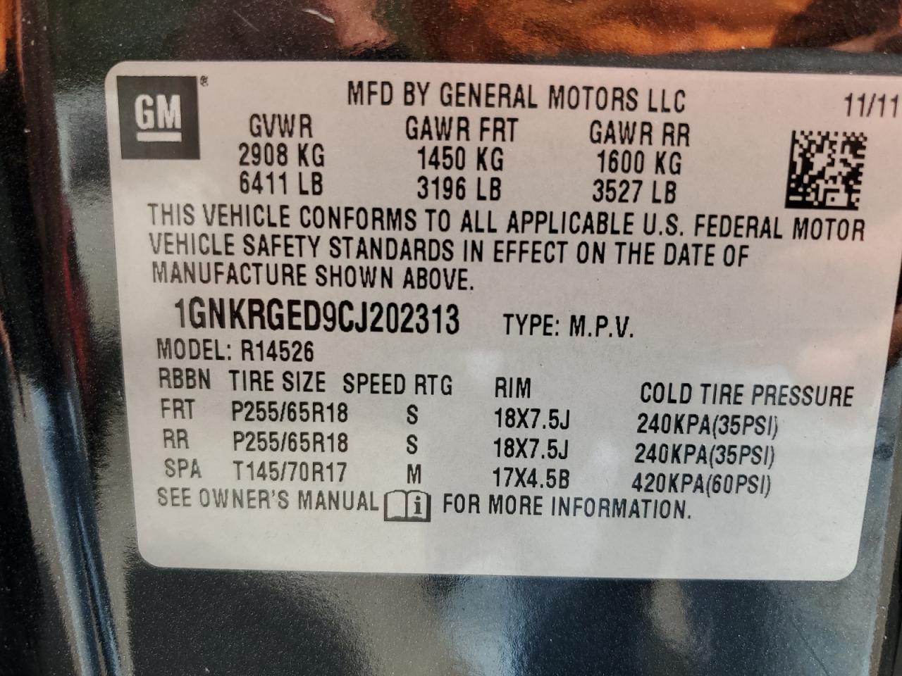 2012 Chevrolet Traverse Lt VIN: 1GNKRGED9CJ202313 Lot: 44849145