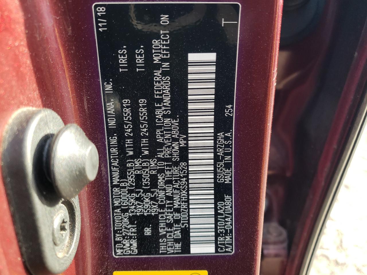 2019 Toyota Highlander Limited VIN: 5TDDZRFHXKS941528 Lot: 44378575