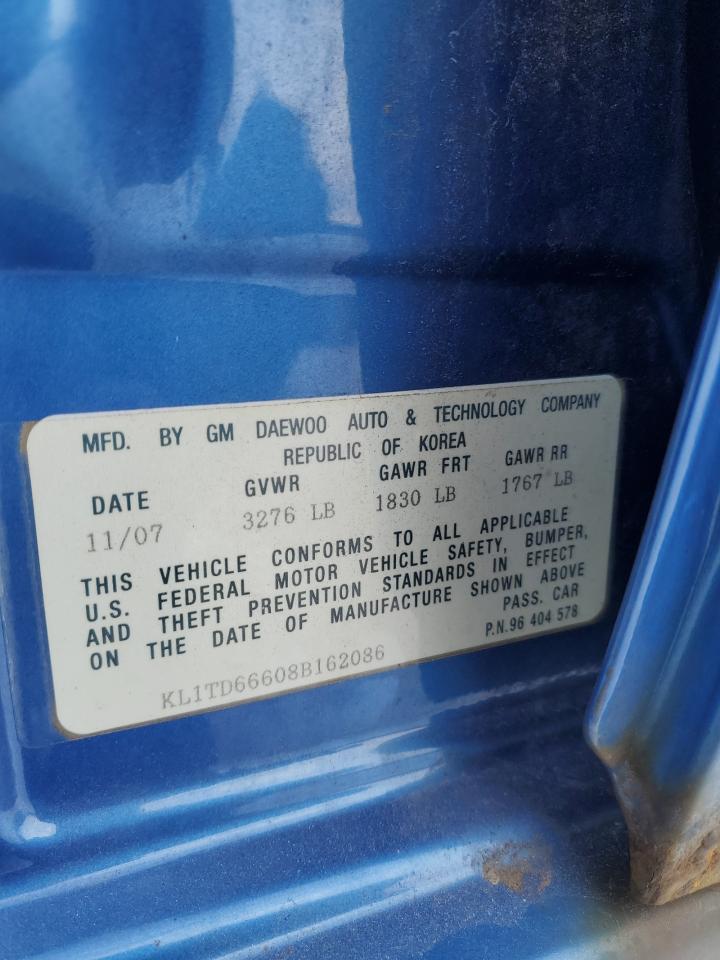 2008 Chevrolet Aveo Base VIN: KL1TD66608B162086 Lot: 43416845