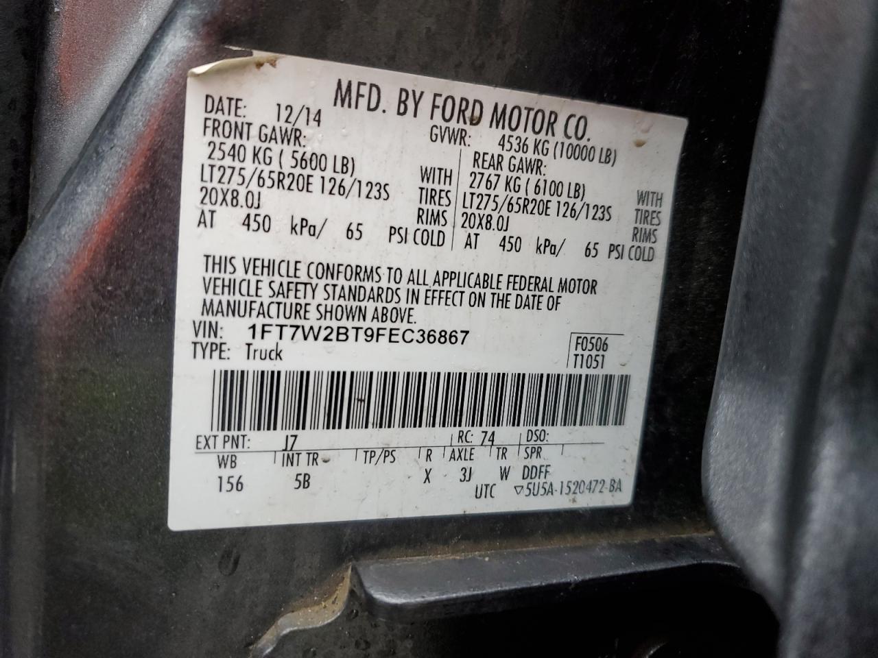 2015 Ford F250 Super Duty VIN: 1FT7W2BT9FEC36867 Lot: 46246105