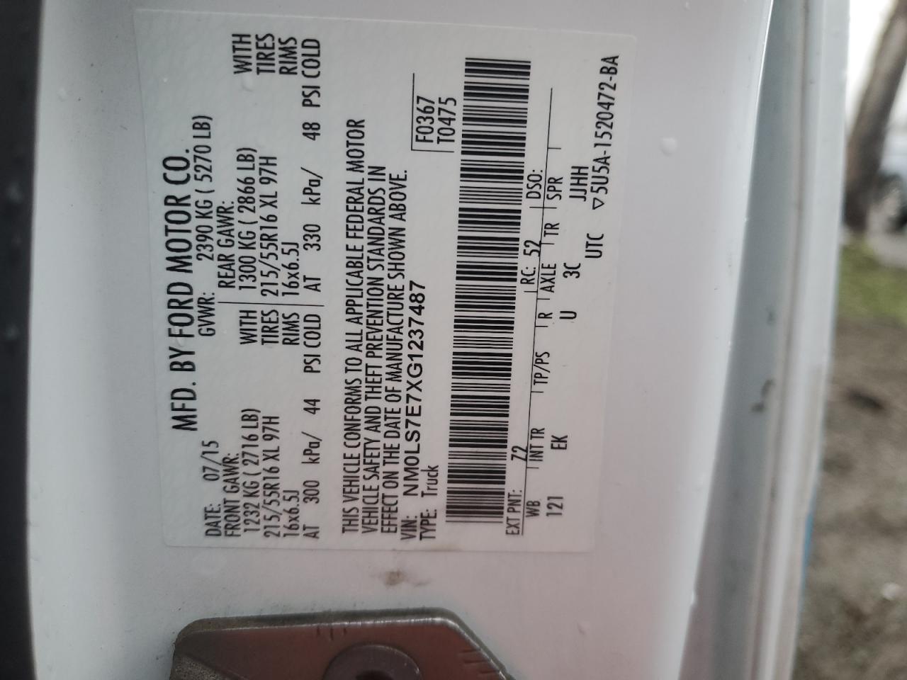 2016 Ford Transit Connect Xl VIN: NM0LS7E7XG1237487 Lot: 45516565