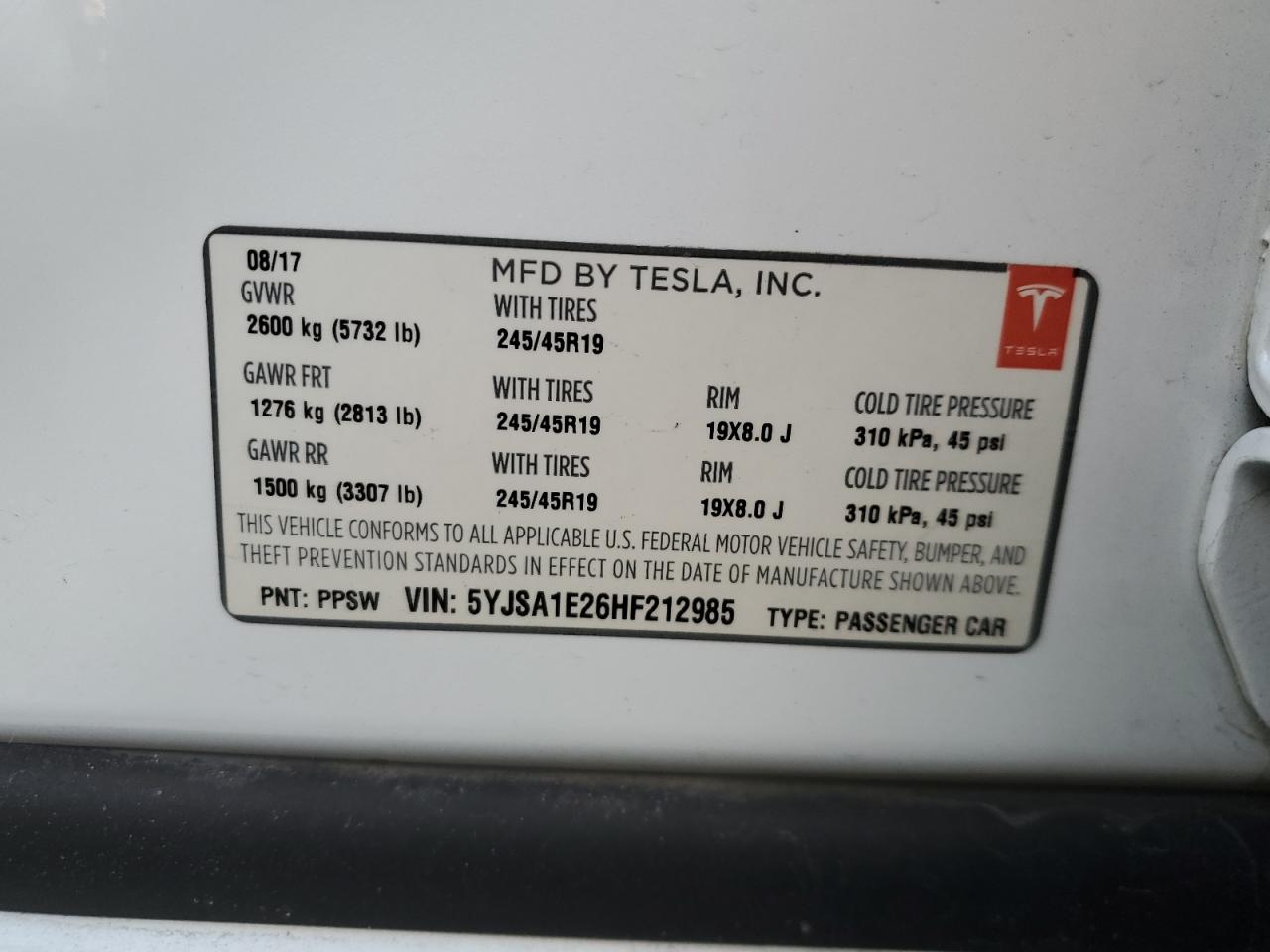 2017 Tesla Model S VIN: 5YJSA1E26HF212985 Lot: 46702705