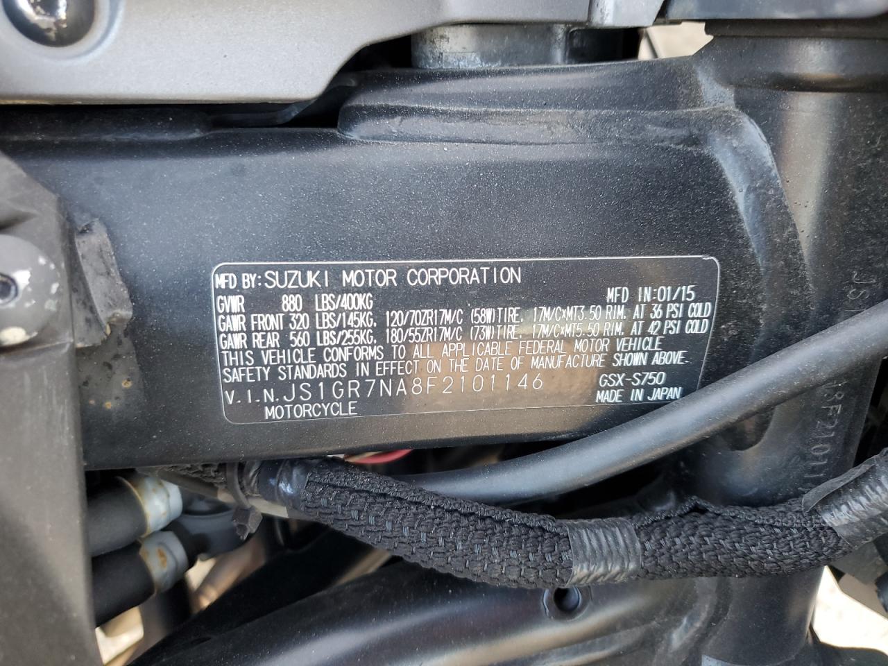 2015 Suzuki Gsx-S750 VIN: JS1GR7NA8F2101146 Lot: 45157125