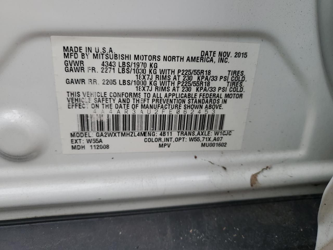 2015 Mitsubishi Outlander Sport Es VIN: 4A4AR3AU2FE062453 Lot: 47220175