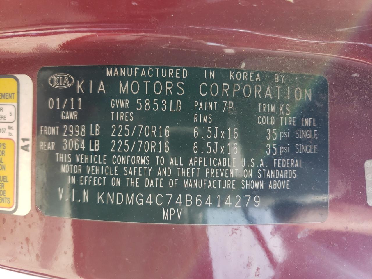 2011 Kia Sedona Lx VIN: KNDMG4C74B6414279 Lot: 47086955