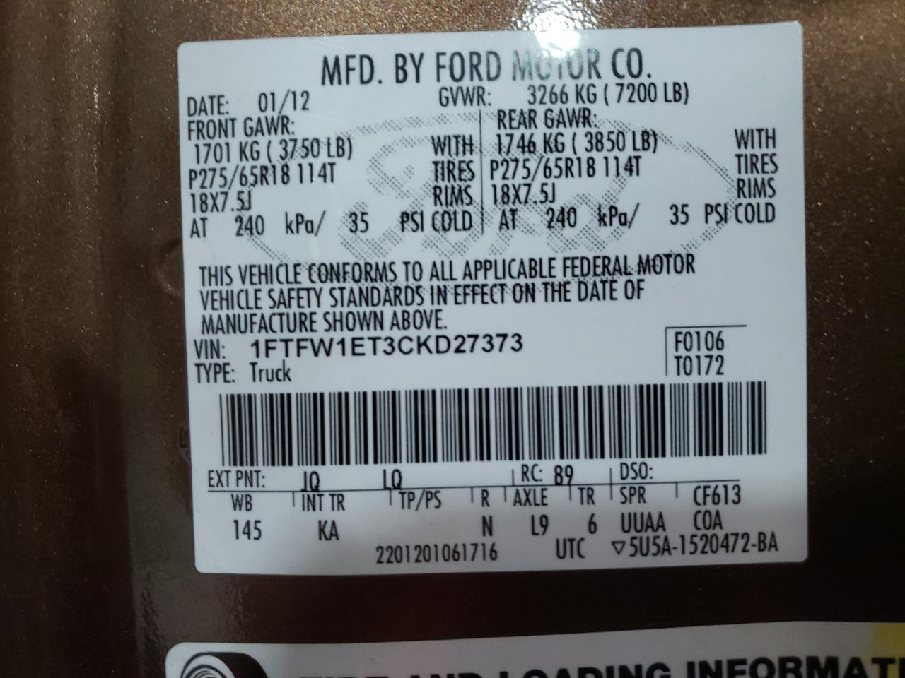 2012 Ford F150 Supercrew VIN: 1FTFW1ET3CKD27373 Lot: 45545335