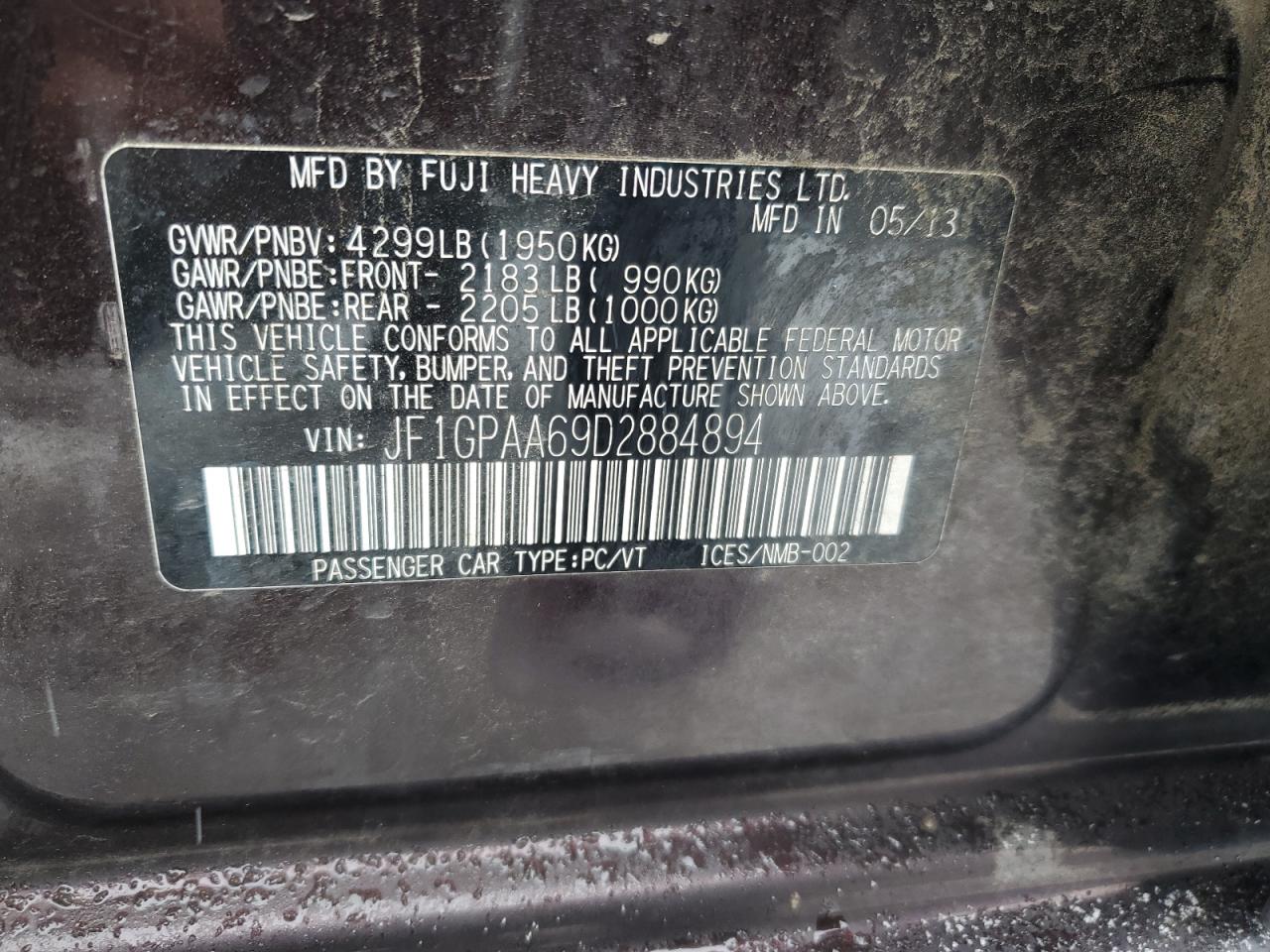 2013 Subaru Impreza VIN: JF1GPAA69D2884894 Lot: 45609105