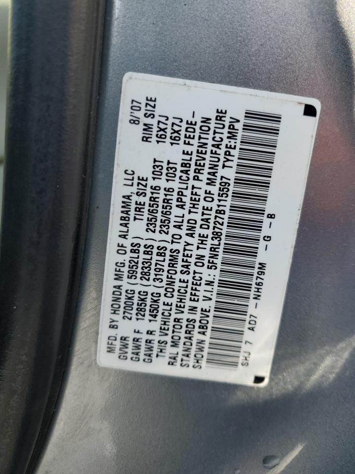 2007 Honda Odyssey Exl VIN: 5FNRL38727B115597 Lot: 44520455