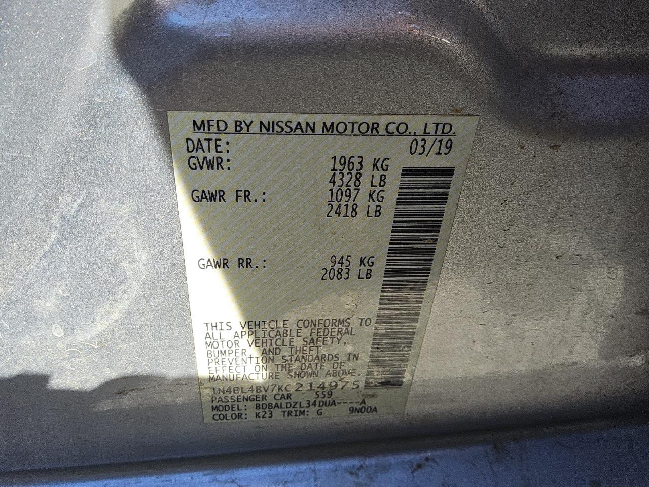 1N4BL4BV7KC214975 NISSAN ALTIMA 2019