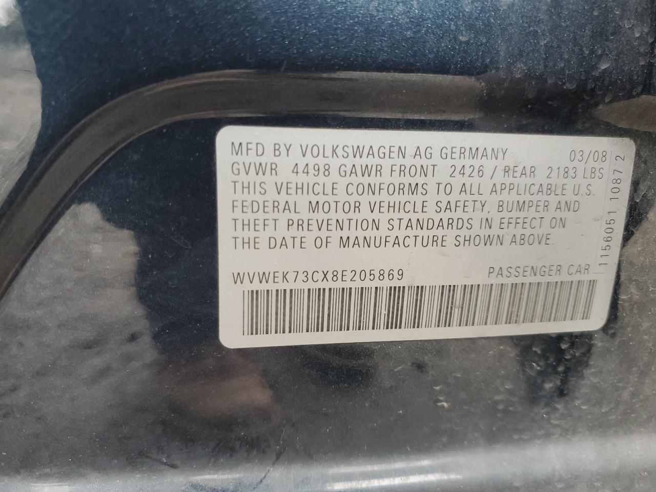 2008 Volkswagen Passat Lux VIN: WVWEK73CX8E205869 Lot: 46004675