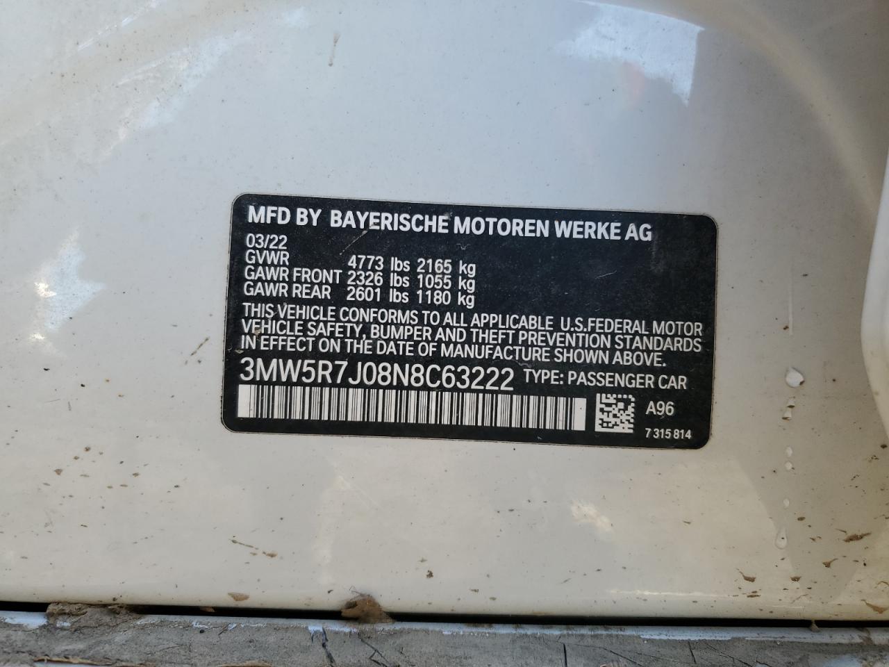 2022 BMW 330Xi VIN: 3MW5R7J08N8C63222 Lot: 45853645