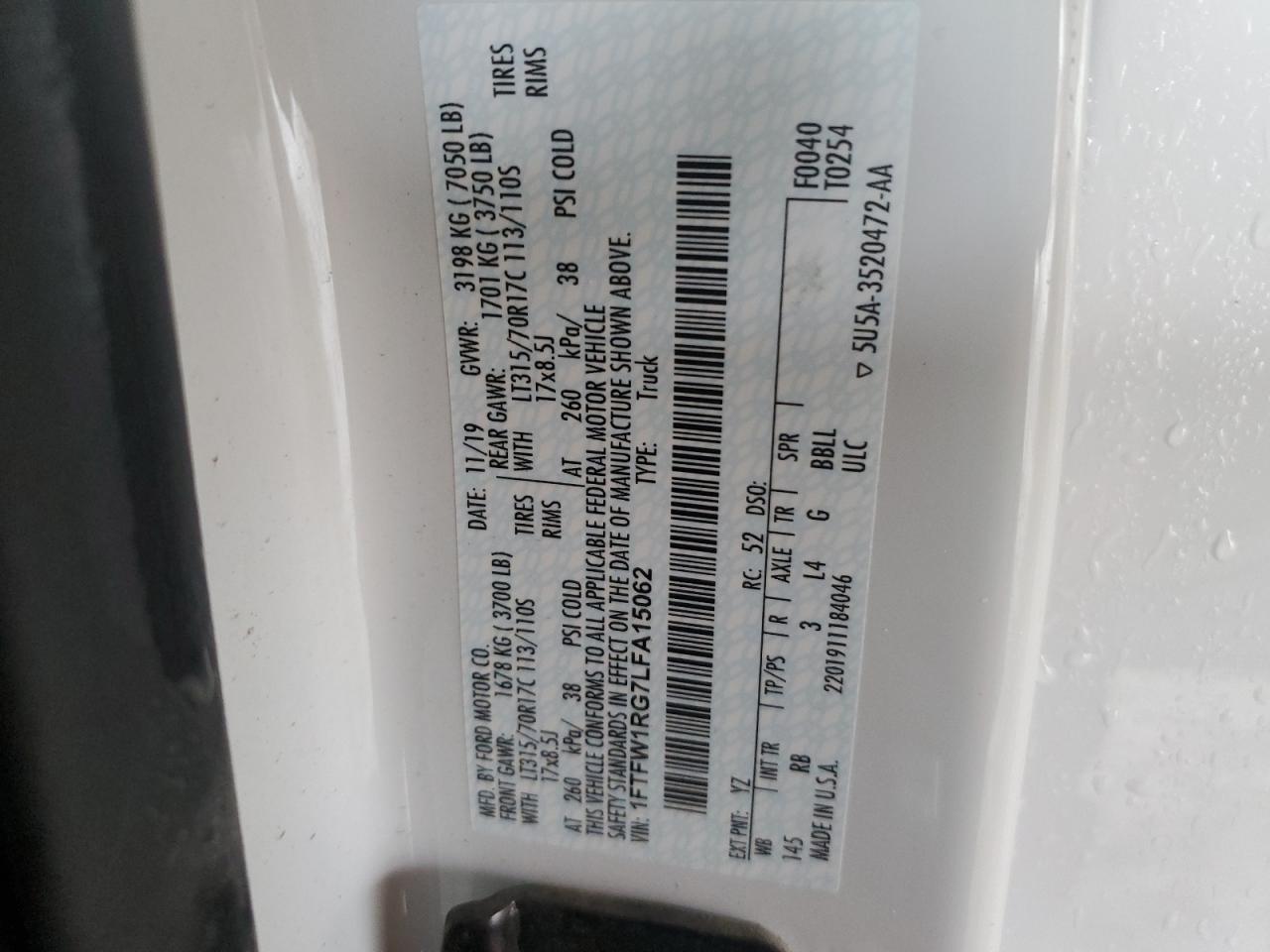 2020 Ford F150 Raptor VIN: 1FTFW1RG7LFA15062 Lot: 45023885