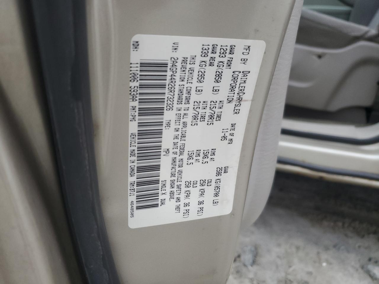 2006 Chrysler Town & Country Lx VIN: 2A4GP44R26R732326 Lot: 44503775