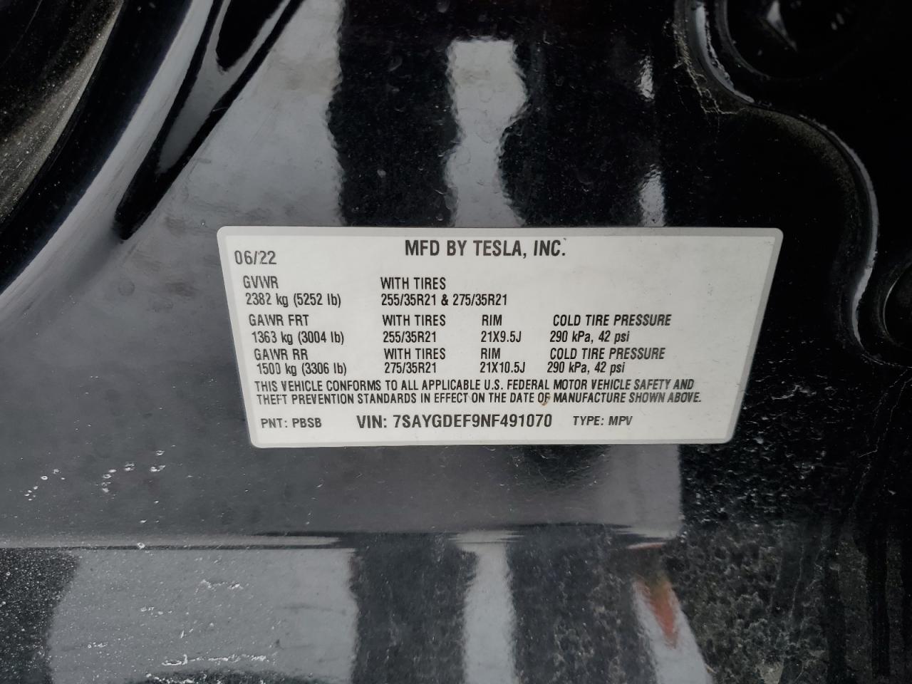 2022 Tesla Model Y VIN: 7SAYGDEF9NF491070 Lot: 45176675