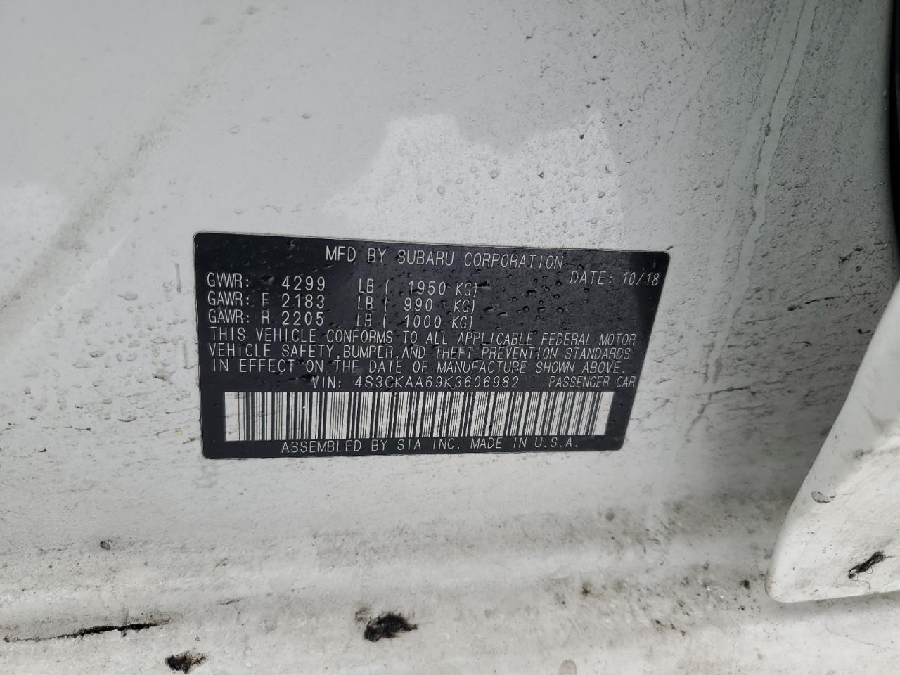 2019 Subaru Impreza VIN: 4S3GKAA69K3606982 Lot: 43638765