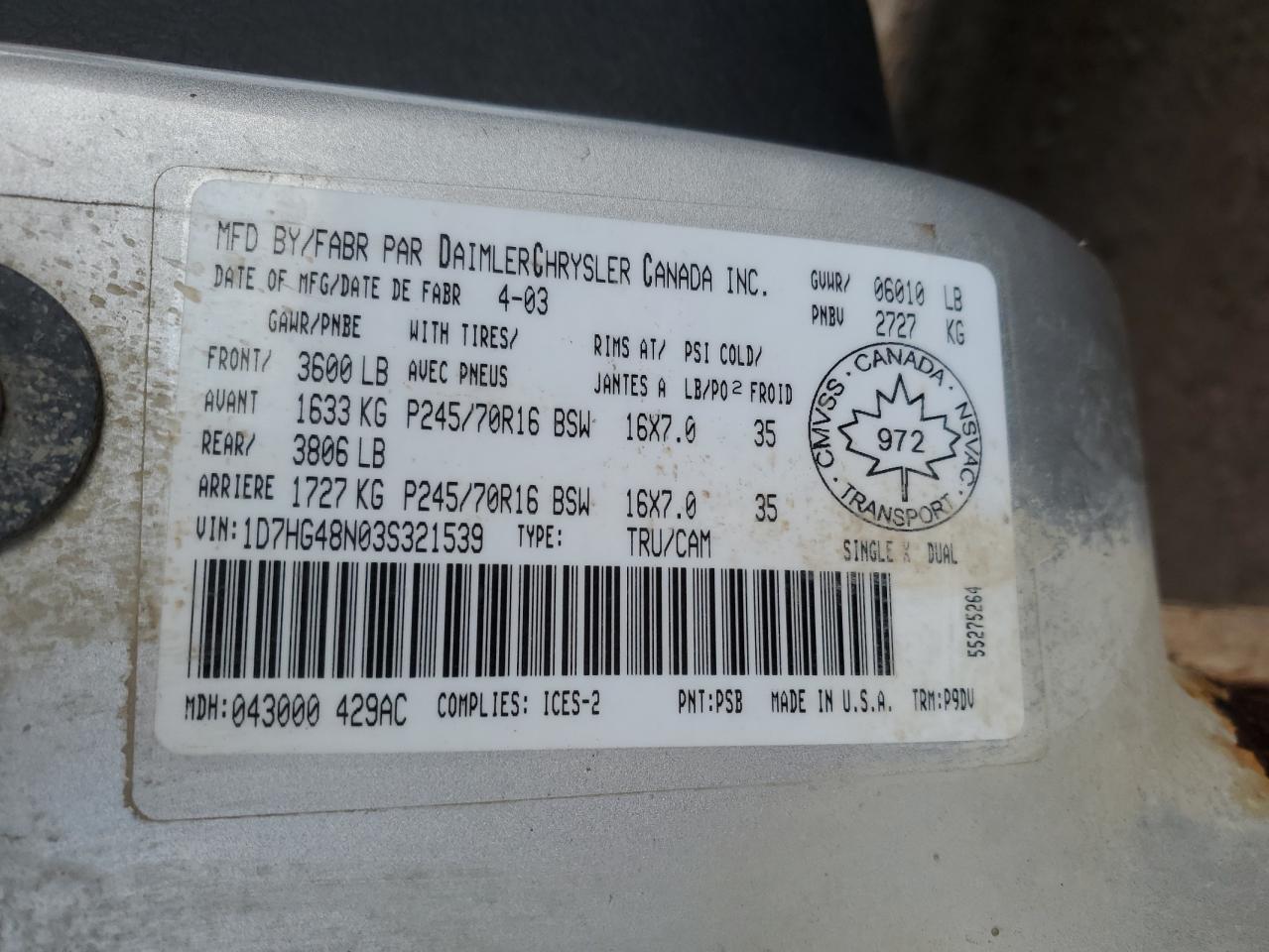 2003 Dodge Dakota Quad Slt VIN: 1D7HG48N03S321539 Lot: 46940135