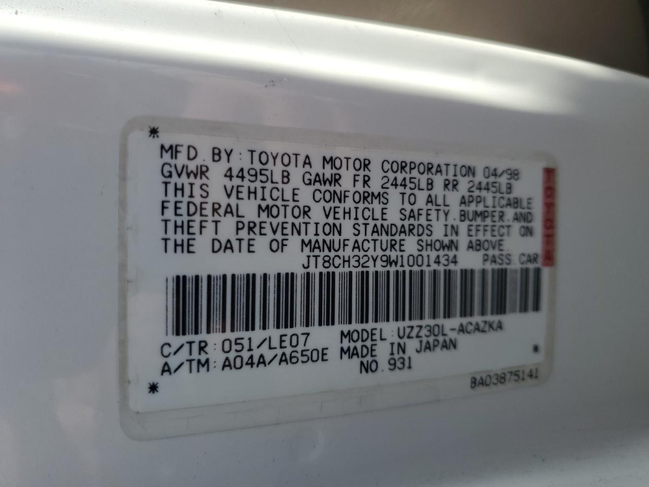 1998 Lexus Sc 400 VIN: JT8CH32Y9W1001434 Lot: 44635385