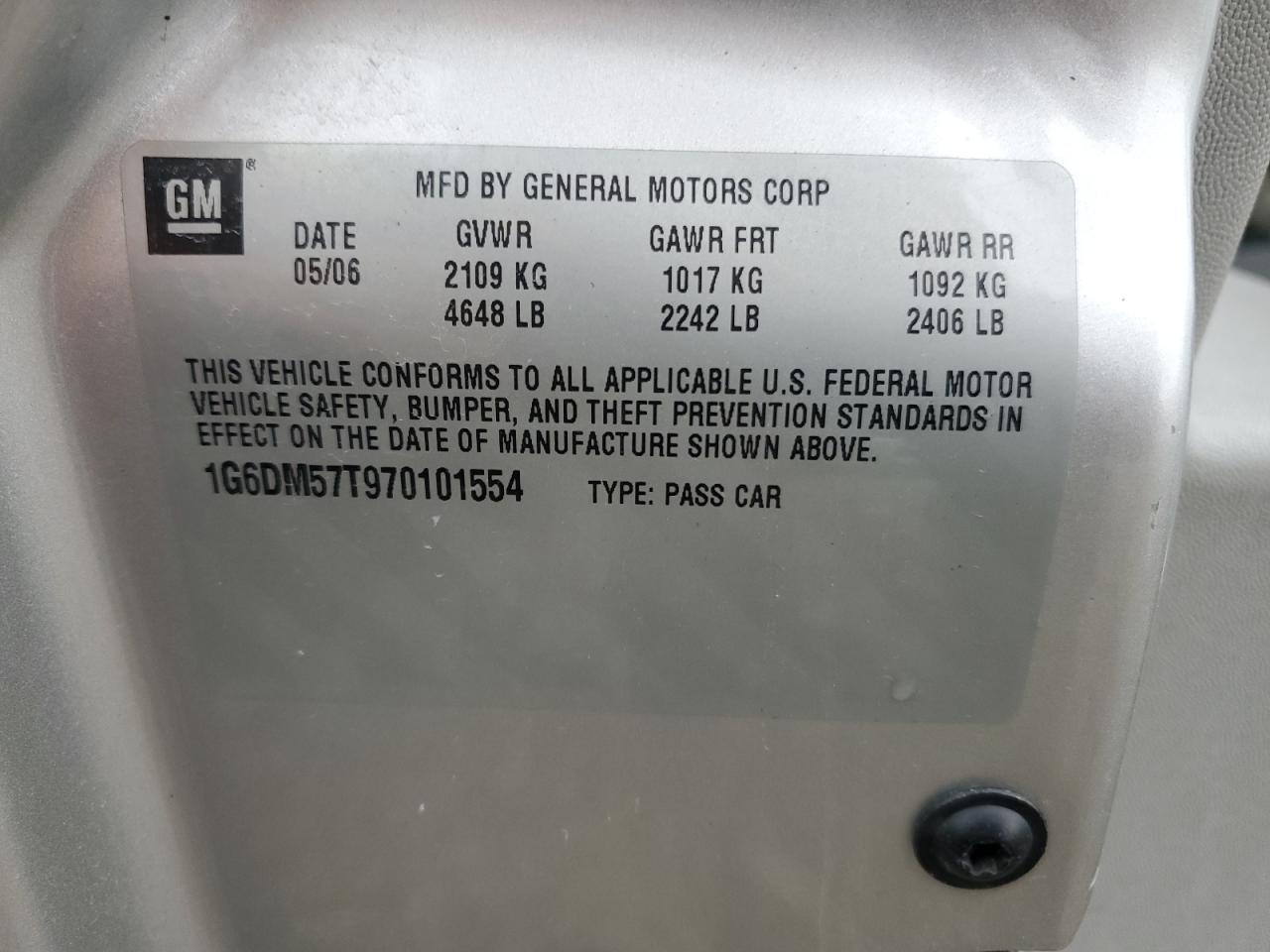 2007 Cadillac Cts VIN: 1G6DM57T970101554 Lot: 45209315