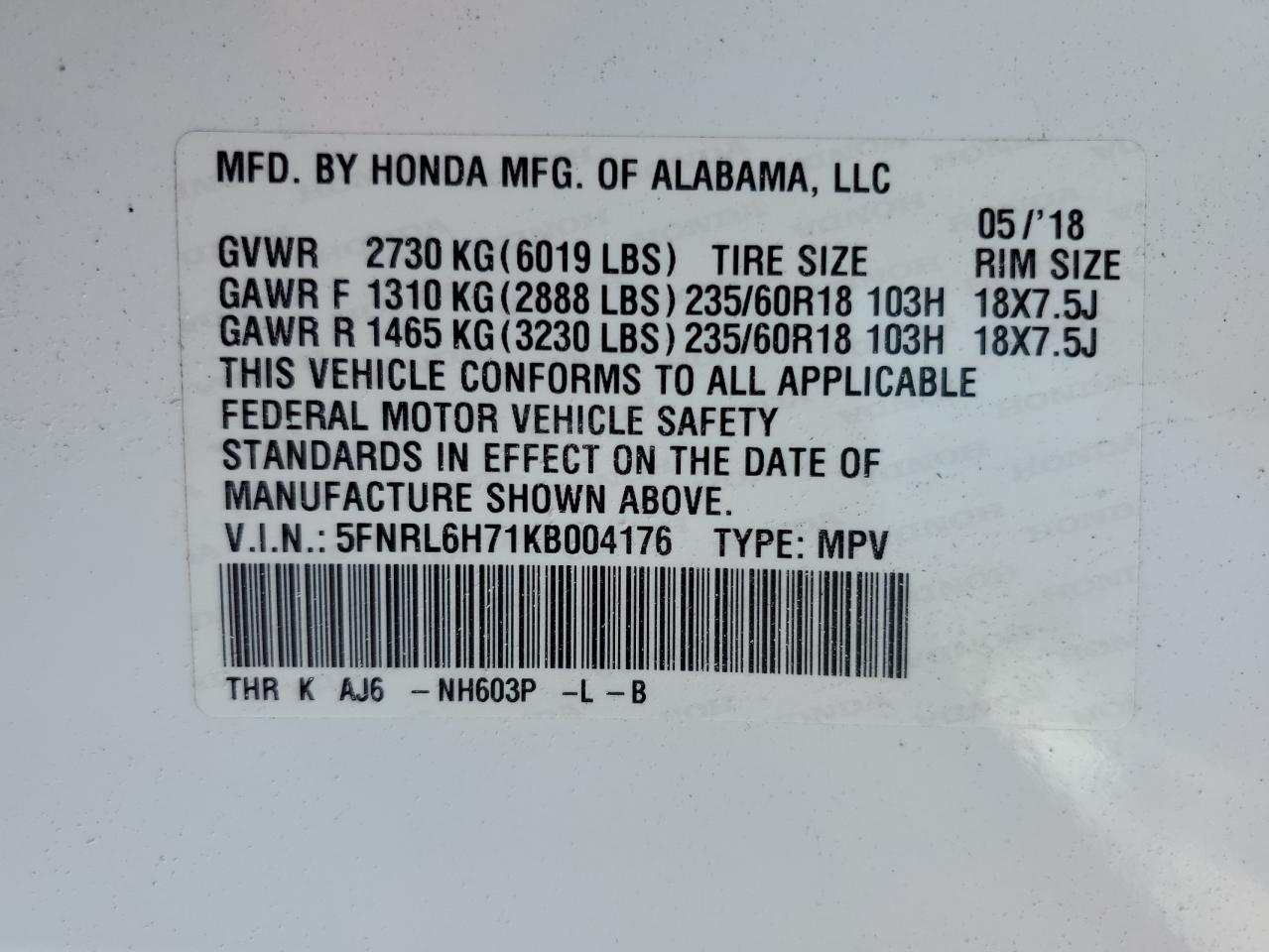 2019 Honda Odyssey Exl VIN: 5FNRL6H71KB004176 Lot: 43845855