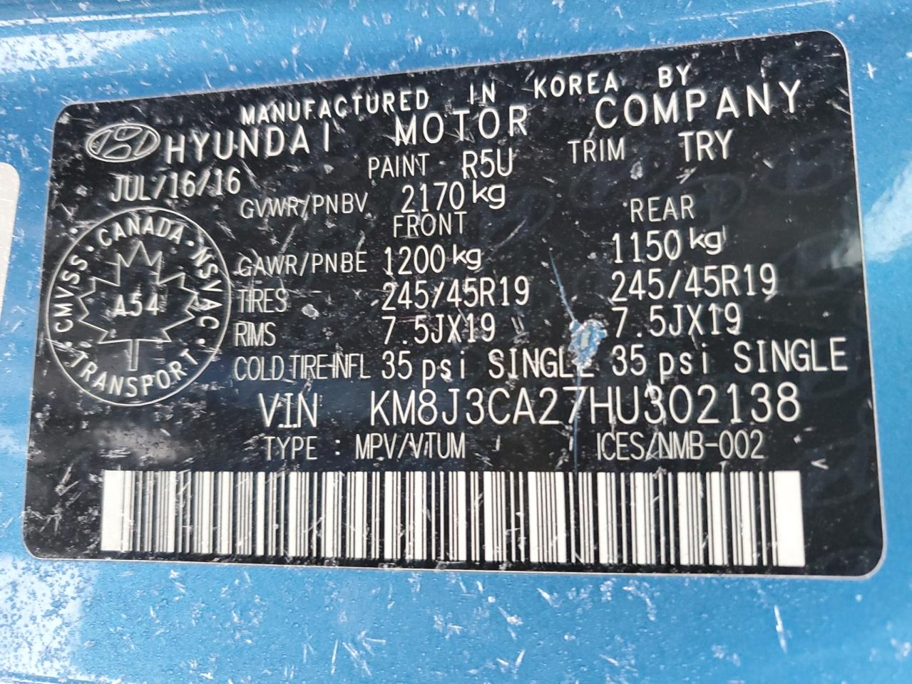 2017 Hyundai Tucson Limited VIN: KM8J3CA27HU302138 Lot: 89885665