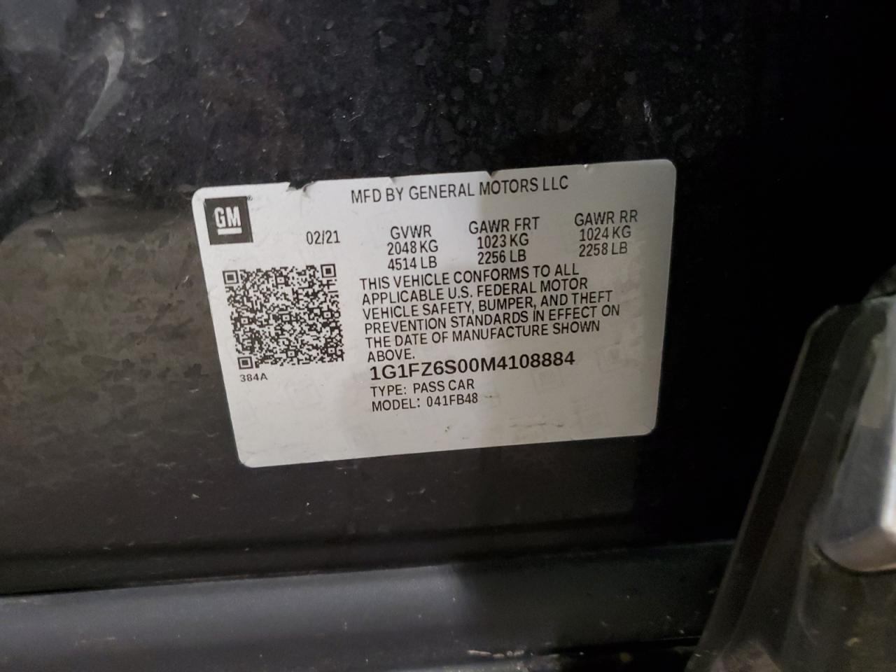 2021 Chevrolet Bolt Ev Premier VIN: 1G1FZ6S00M4108884 Lot: 45706805
