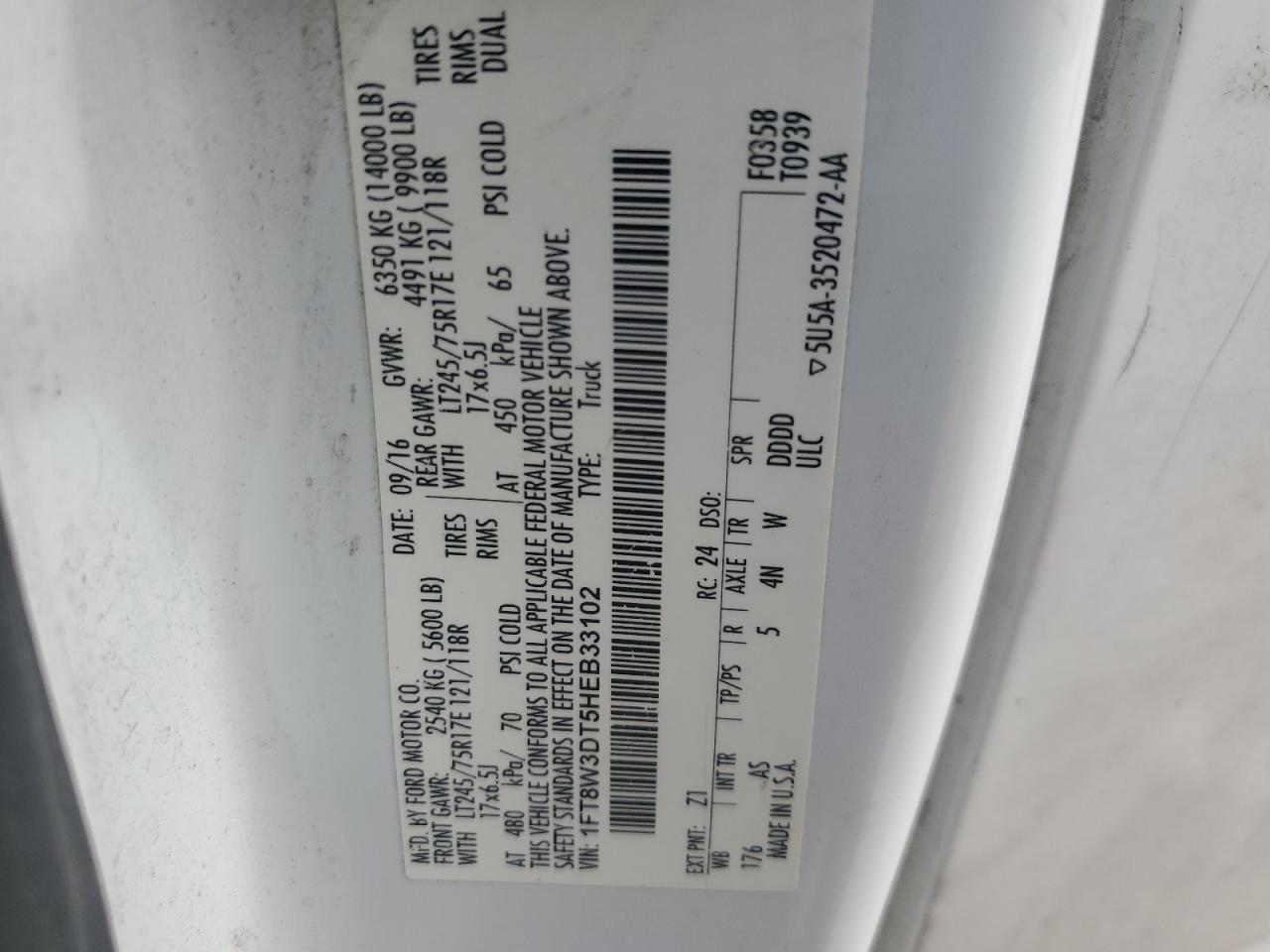 2017 Ford F350 Super Duty VIN: 1FT8W3DT5HEB33102 Lot: 46065565