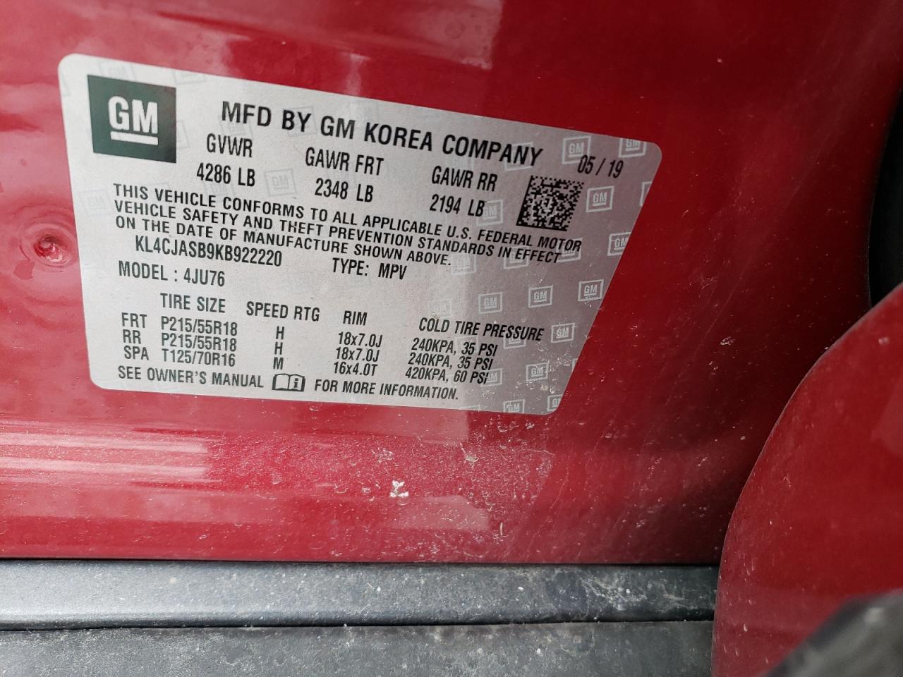 2019 Buick Encore Preferred VIN: KL4CJASB9KB922220 Lot: 46480975
