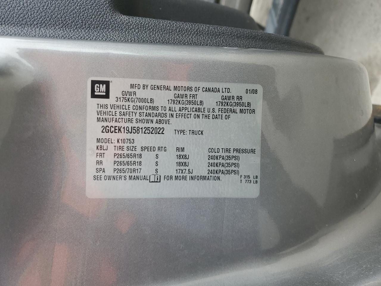 2008 Chevrolet Silverado K1500 VIN: 2GCEK19J581252022 Lot: 42916615