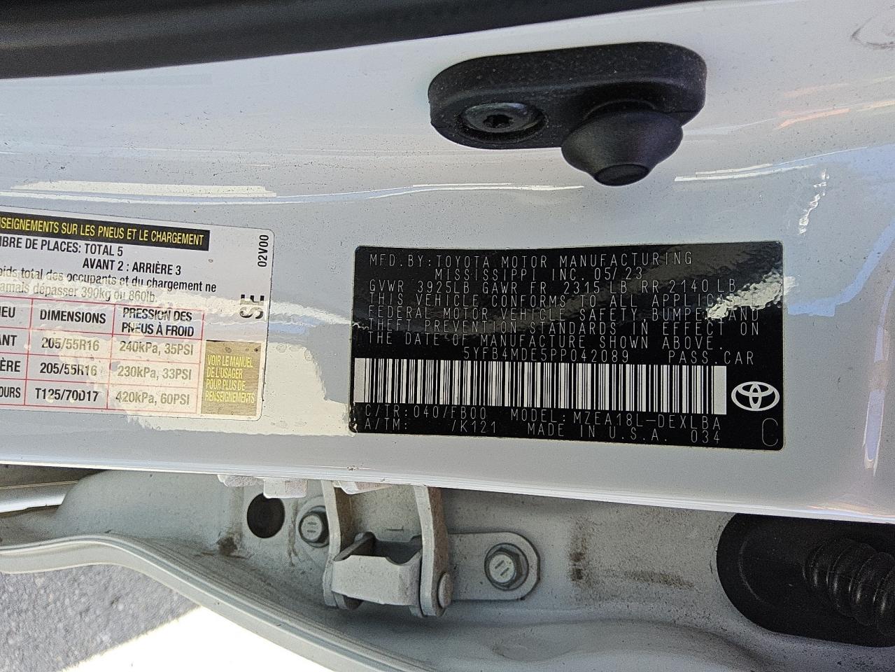 5YFB4MDE5PP042089 TOYOTA COROLLA 2023