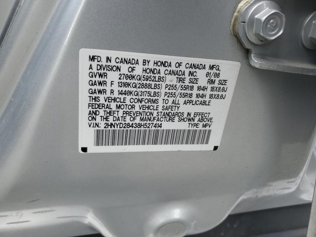 2008 Acura Mdx Technology VIN: 2HNYD28438H527414 Lot: 44111155