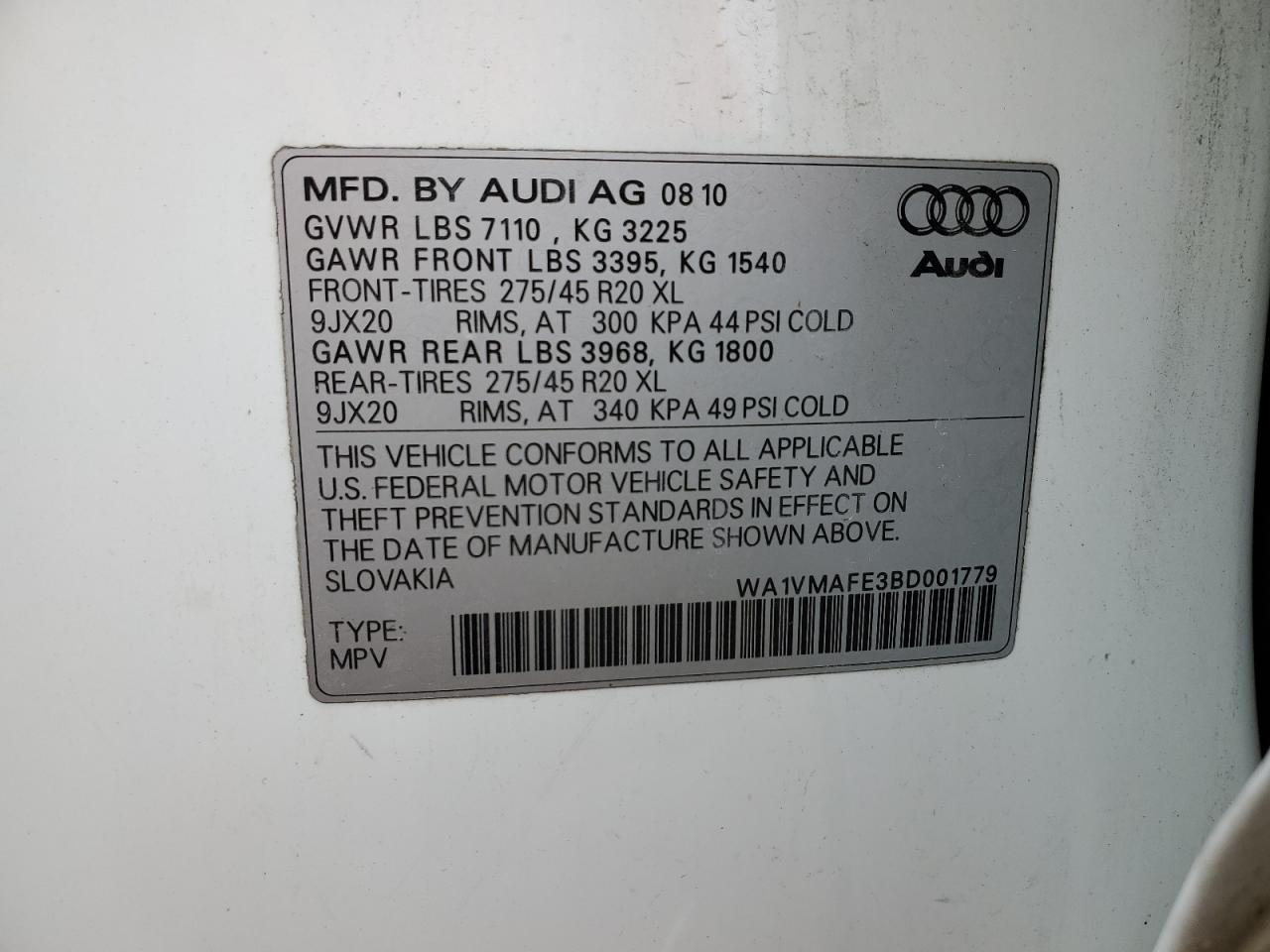 2011 Audi Q7 Prestige VIN: WA1VMAFE3BD001779 Lot: 43695345