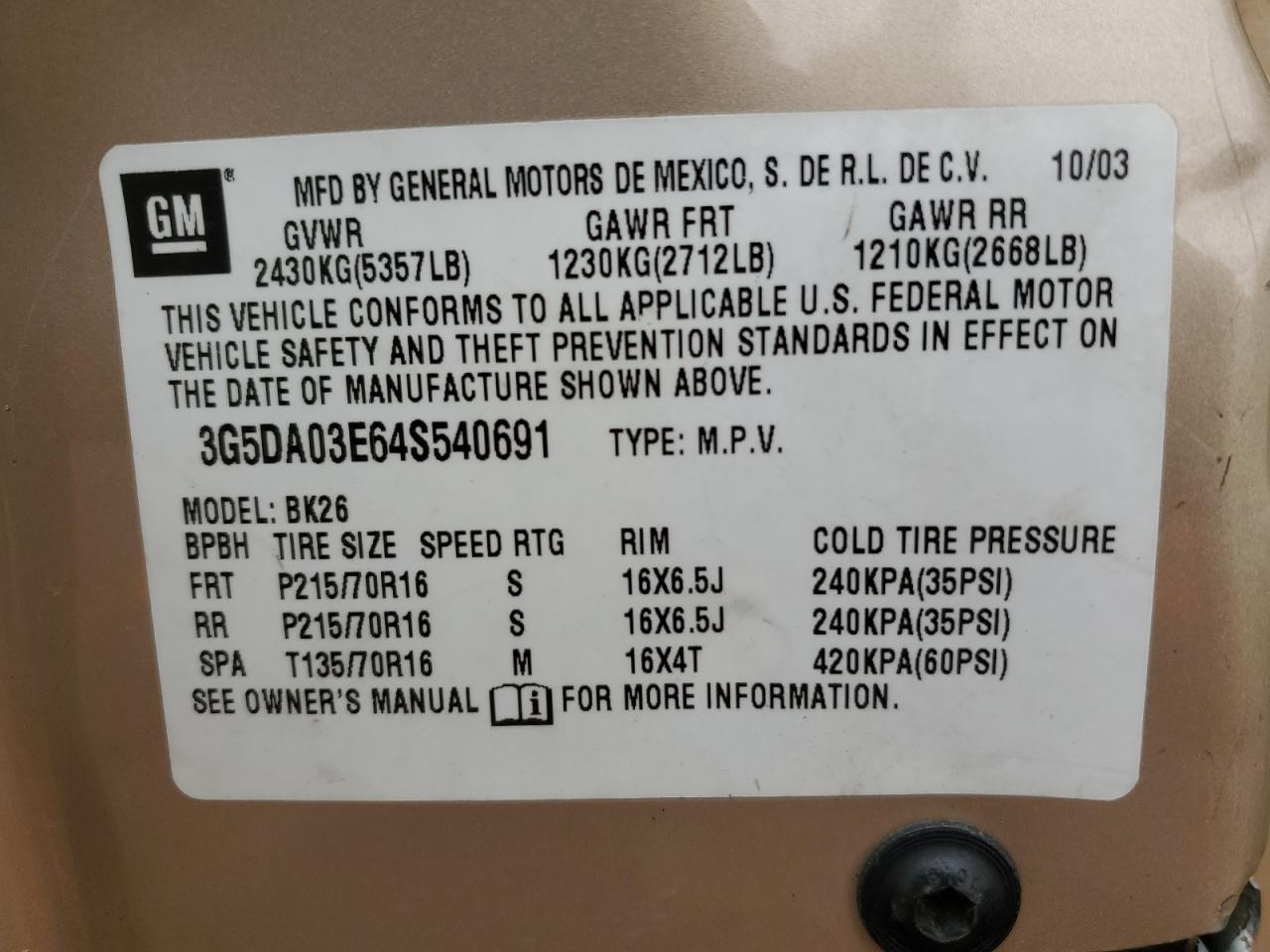 2004 Buick Rendezvous Cx VIN: 3G5DA03E64S540691 Lot: 56735415