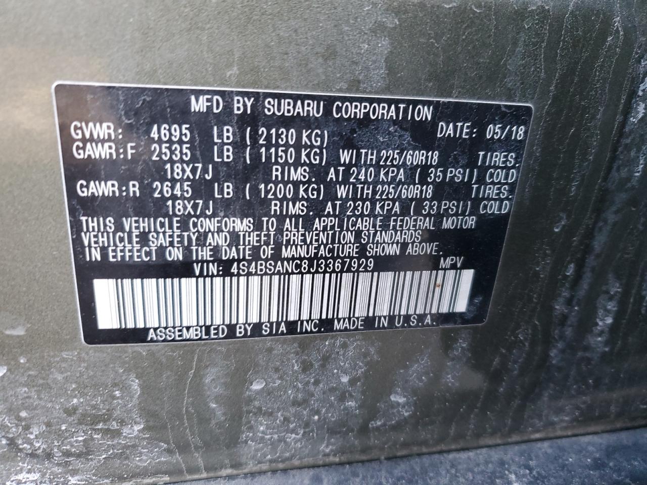 2018 Subaru Outback 2.5I Limited VIN: 4S4BSANC8J3367929 Lot: 45213085