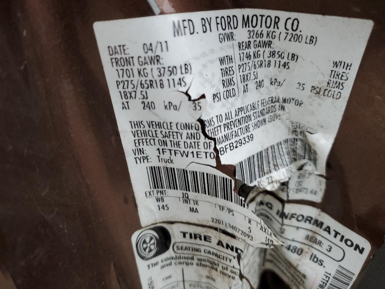2011 Ford F150 Supercrew VIN: 1FTFW1ET0BFB29339 Lot: 45749965