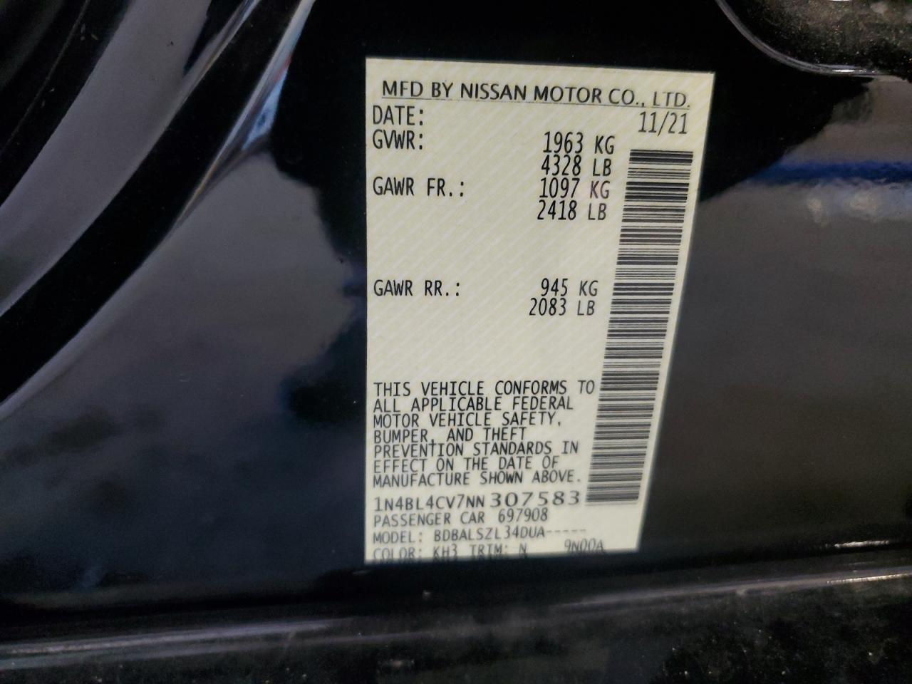 2022 Nissan Altima Sr VIN: 1N4BL4CV7NN307583 Lot: 46634745
