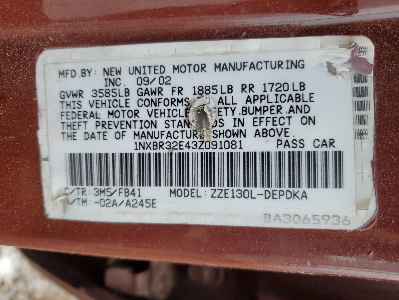 2003 Toyota Corolla VIN: 1NXBR32E4Z091081 Lot: 45024405