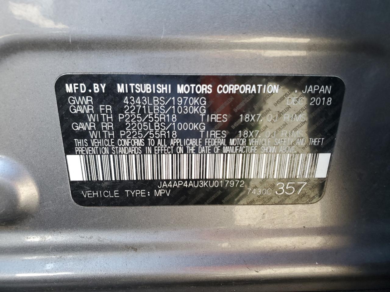 2019 Mitsubishi Outlander Sport Se VIN: JA4AP4AU3KU017972 Lot: 45592325