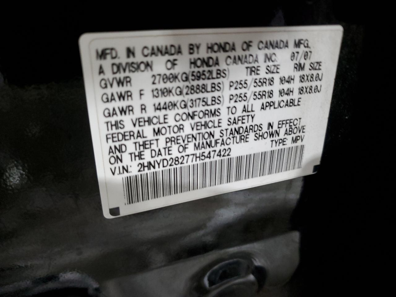 2007 Acura Mdx VIN: 2HNYD28277H547422 Lot: 44350045