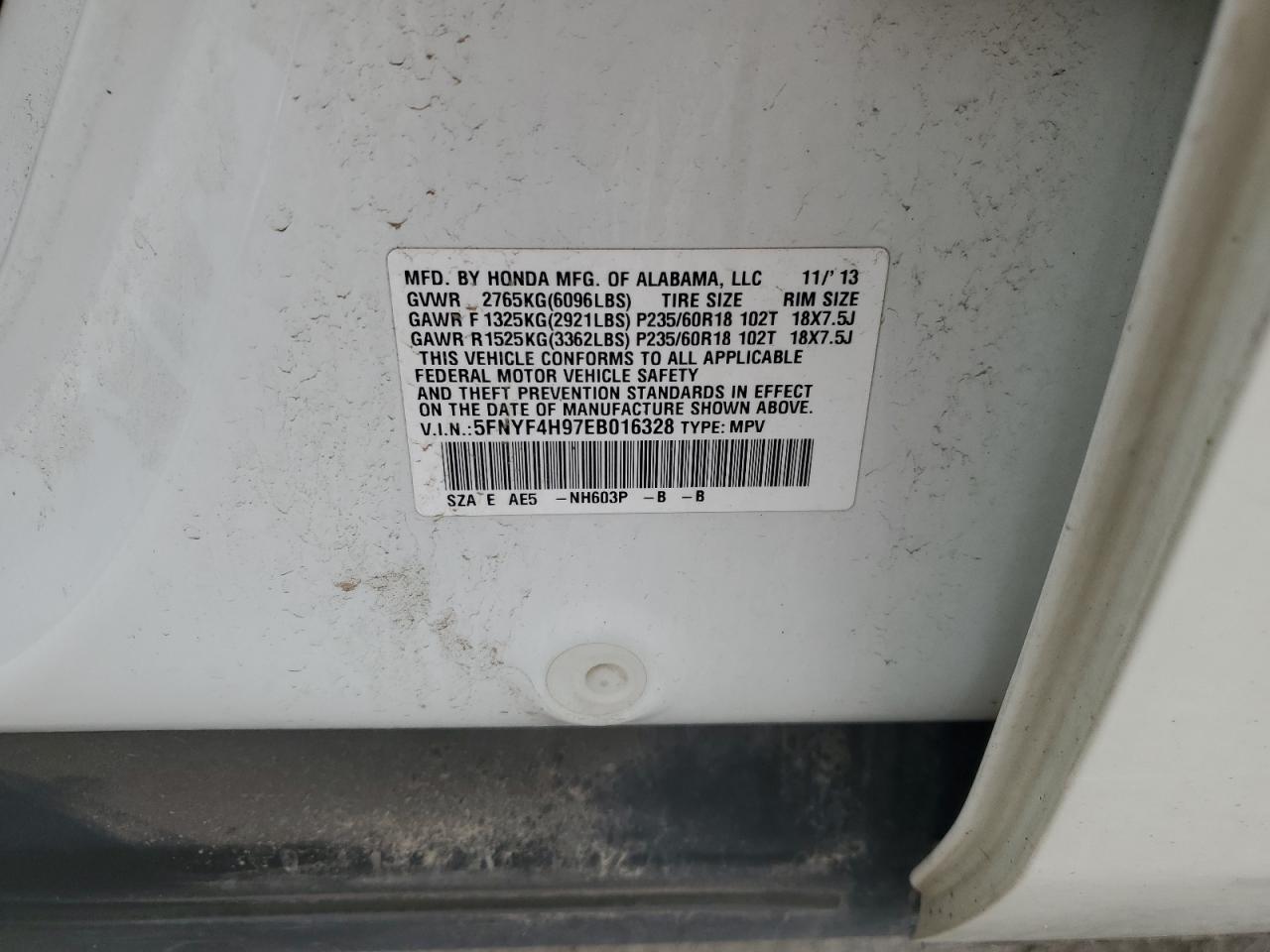 2014 Honda Pilot Touring VIN: 5FNYF4H97EB016328 Lot: 44344955