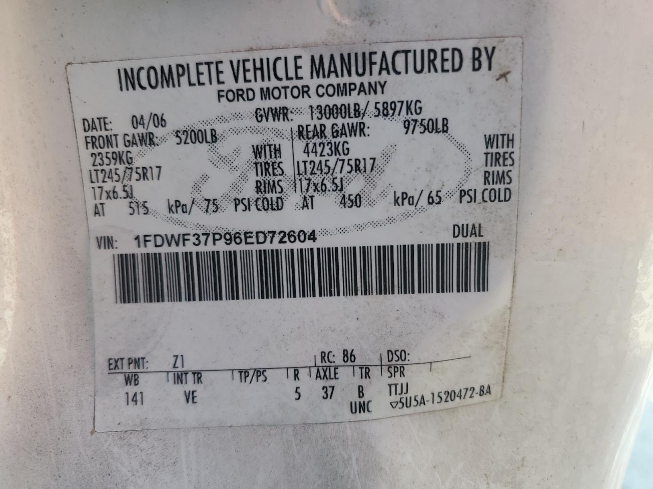 2006 Ford F350 Super Duty VIN: 1FDWF37P96ED72604 Lot: 43970015
