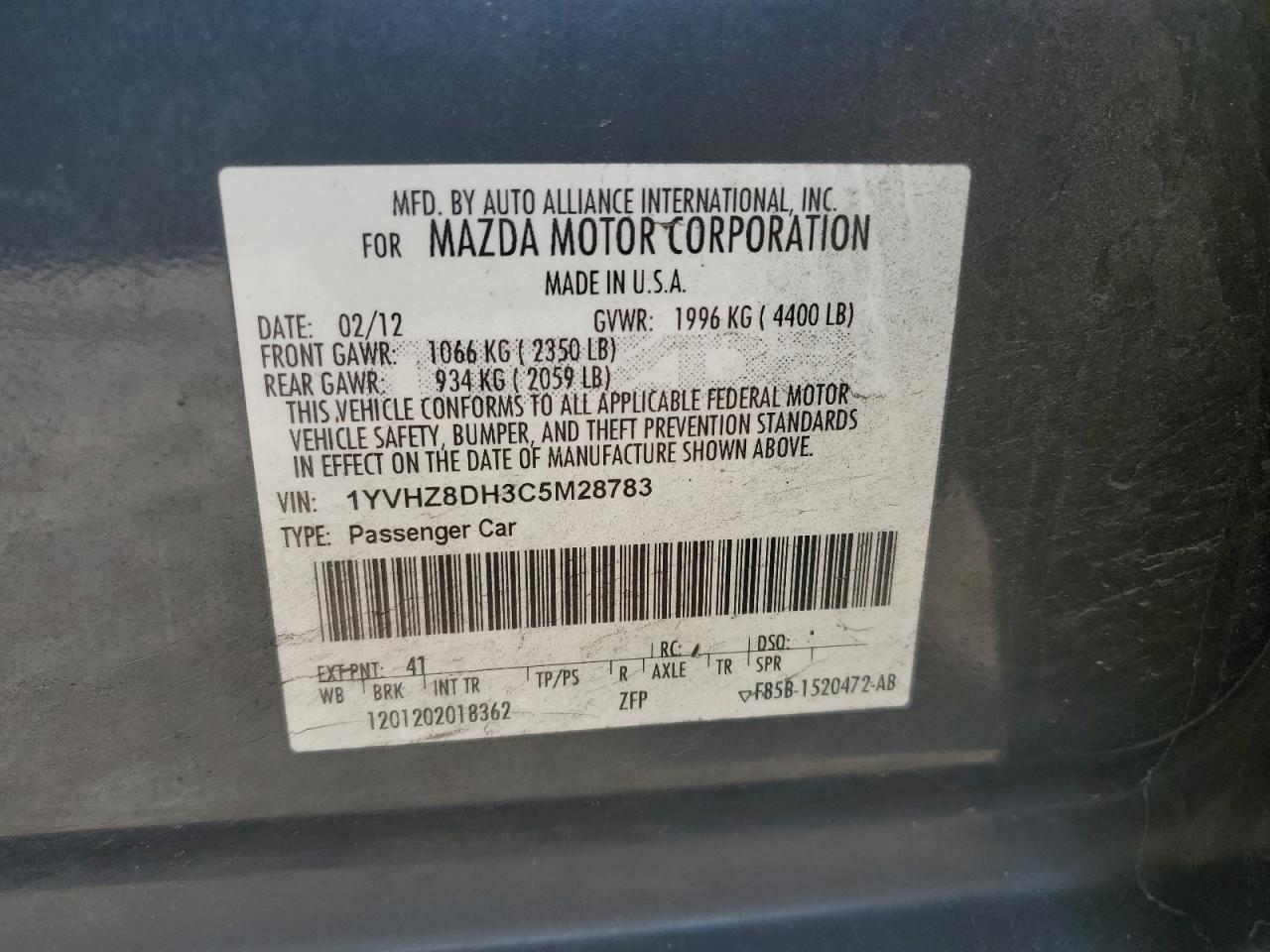 2012 Mazda 6 I VIN: 1YVHZ8DH3C5M28783 Lot: 45770515