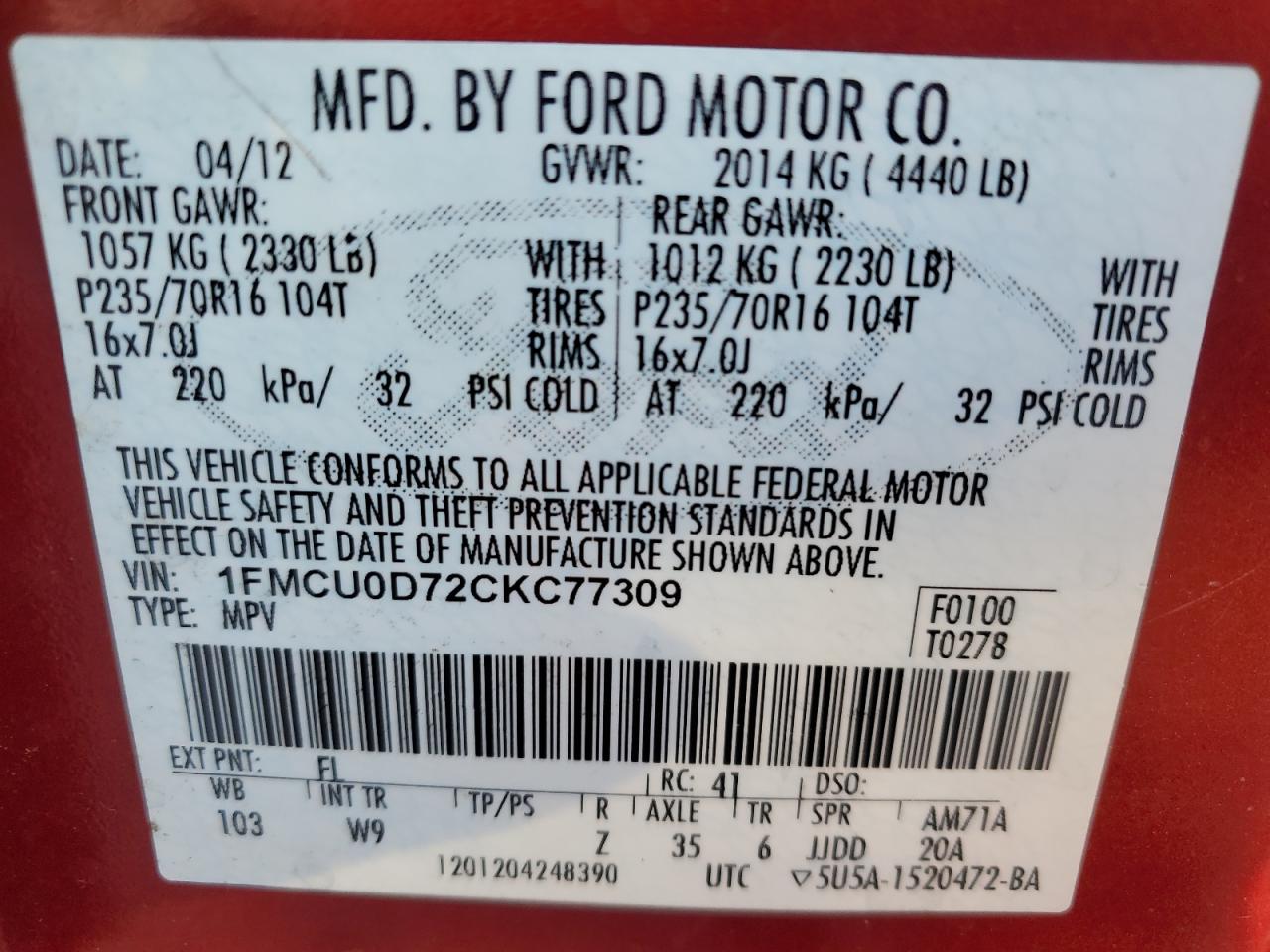 2012 Ford Escape Xlt VIN: 1FMCU0D72CKC77309 Lot: 46782545