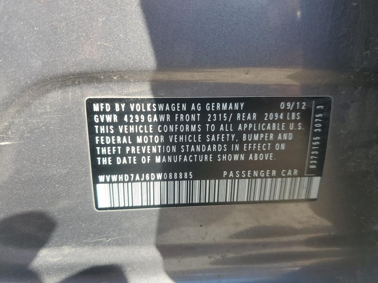 2013 Volkswagen Gti VIN: WVWHD7AJ6DW088885 Lot: 46547825