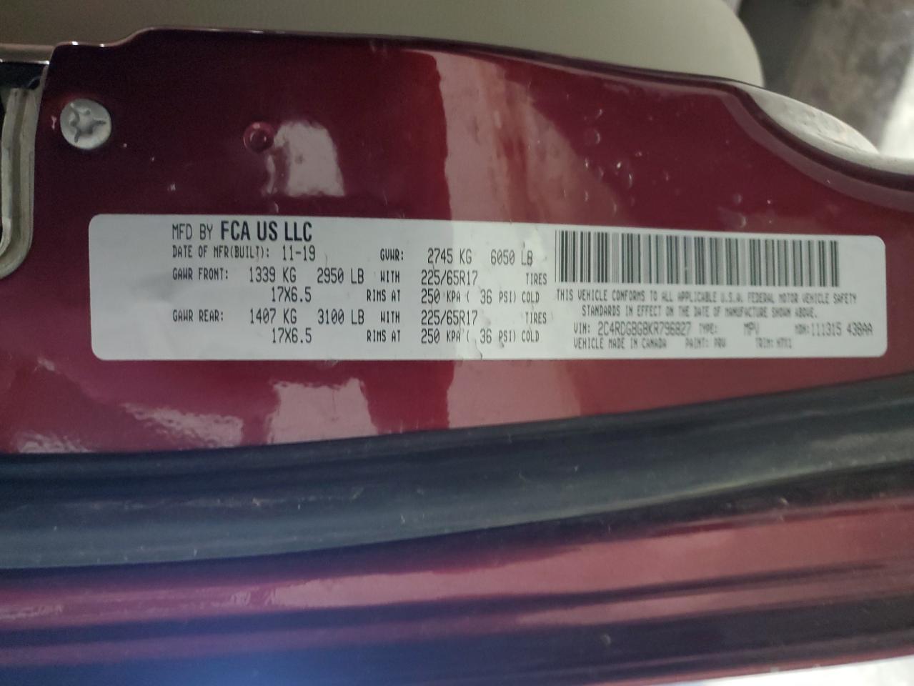2019 Dodge Grand Caravan Se VIN: 2C4RDGBG8KR796827 Lot: 45281635