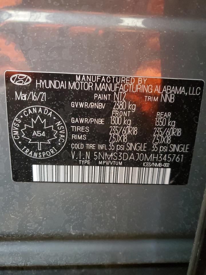 2021 Hyundai Santa Fe Sel VIN: 5NMS3DAJ0MH345761 Lot: 44046785